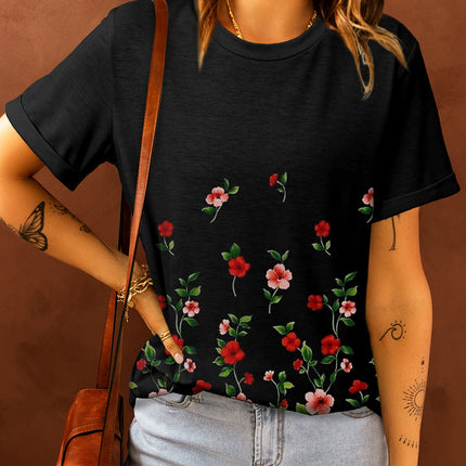 Floral Print Round Neck Short Sleeve Tunic Top