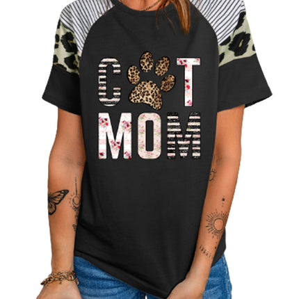 Striped Leopard Print Short Sleeve Women T-shirt