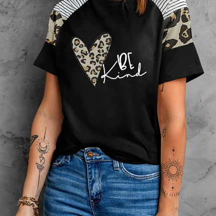 Striped Leopard Print Short Sleeve Women T-shirt