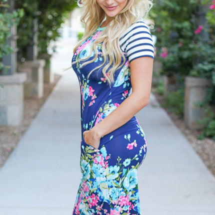 Royal Blue Striped Short Sleeve Floral T Shirt Dress