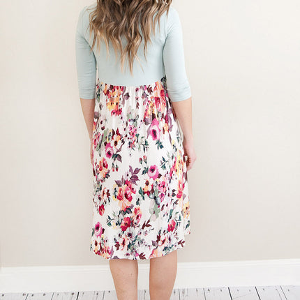 Grey Solid Bodice Floral Bottom Midi Dress