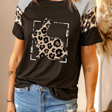 Striped Leopard Print Short Sleeve Women T-shirt
