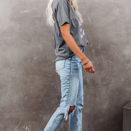 Floral Print Round Neck Short Sleeve Tunic Top