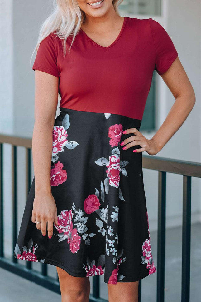 Burgundy Floral V Neck Wrap Mini Dress