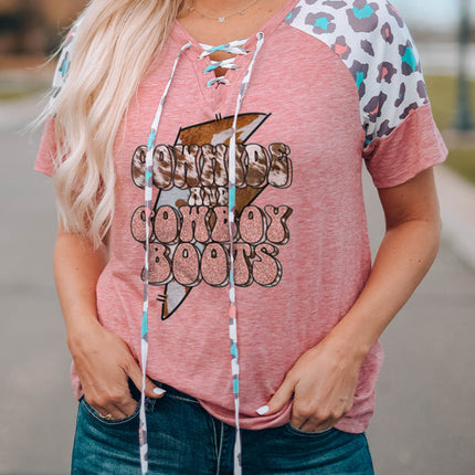 Lace up Leopard Sleeve T Shirt