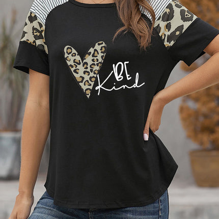 Striped Leopard Print Short Sleeve Women T-shirt