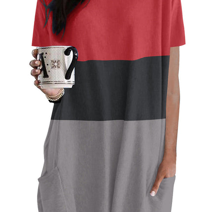 Triple Colorblock Splicing Short Sleeve Mini Dress with Pockets