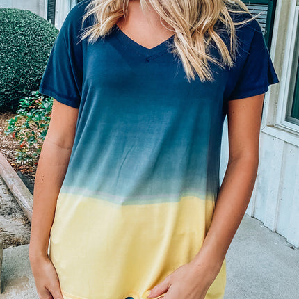 Gradient Color Block V Neck T Shirt
