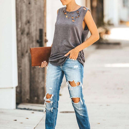 Broken Hole Detail Sleeveless Crew Neck Tank Top