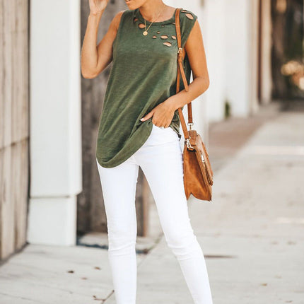 Broken Hole Detail Sleeveless Crew Neck Tank Top