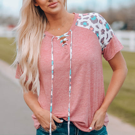 Lace up Leopard Sleeve T Shirt