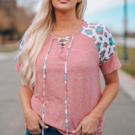 Lace up Leopard Sleeve T Shirt