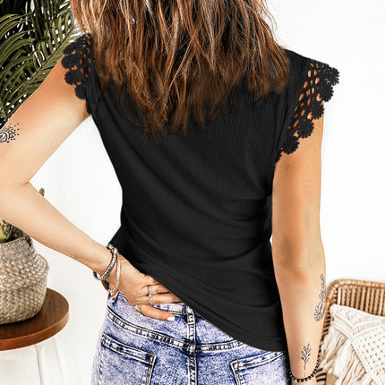 Lace Crochet Ribbed V Neck Tank Top
