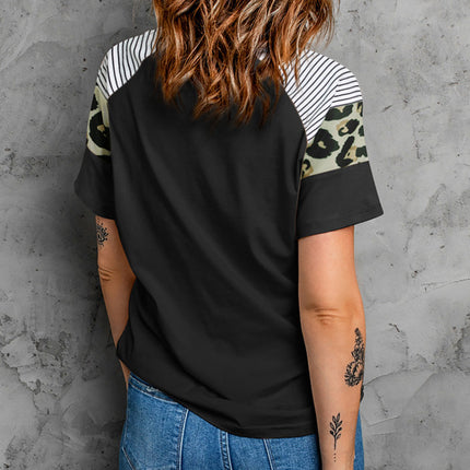 Striped Leopard Print Short Sleeve Women T-shirt