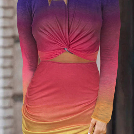 Khaki Long Sleeve Cut-out Twist Ruched Bodycon Mini Dress