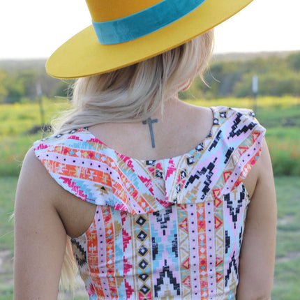 Western Aztec Print Ruffled Sleeveless Bodysuit