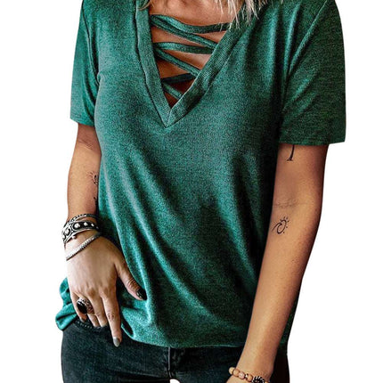 Criss Cross V Neck Short Sleeve Knit T-shirt