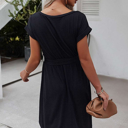 Buttons Crewneck Lace-up High Waist Mini Dress