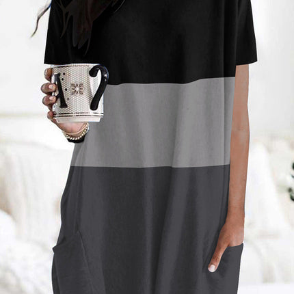Triple Colorblock Splicing Short Sleeve Mini Dress with Pockets
