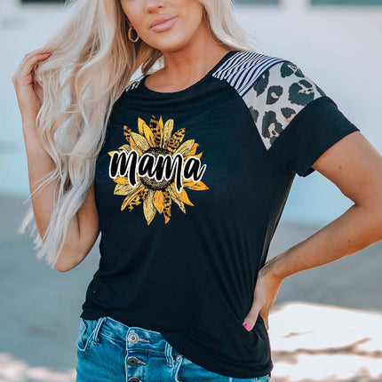 Striped Leopard Print Short Sleeve Women T-shirt