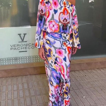 Boho Color Block One Shoulder Dress